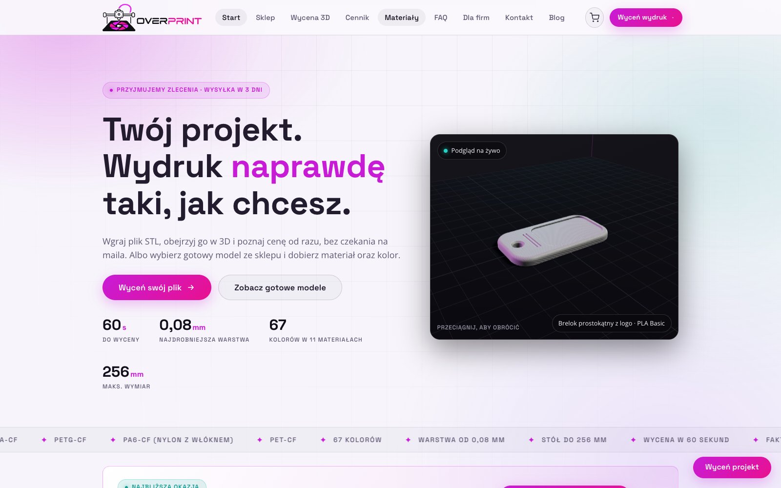 OVERPRINT — drukarnia 3D online z wyceną STL i podglądem 3D